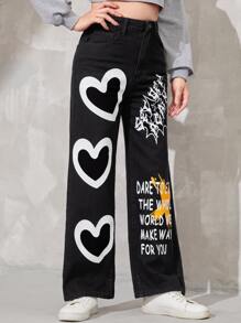SHEIN Bé Gái Quần Jeans Nút Túi Dây kéo Tim Slogan - màu đen - Xem 3