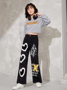 SHEIN Bé Gái Quần Jeans Nút Túi Dây kéo Tim Slogan - màu đen - Xem 4