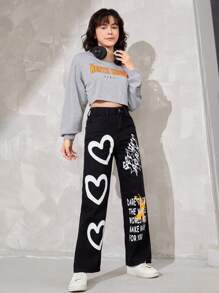 SHEIN Bé Gái Quần Jeans Nút Túi Dây kéo Tim Slogan - màu đen - Xem 5