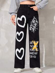 SHEIN Bé Gái Quần Jeans Nút Túi Dây kéo Tim Slogan - màu đen - Xem 6