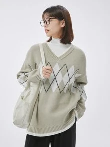 DAZY 1pc Argyle Pattern V-neck Drop Shoulder Jumper - Mint Green - View 1