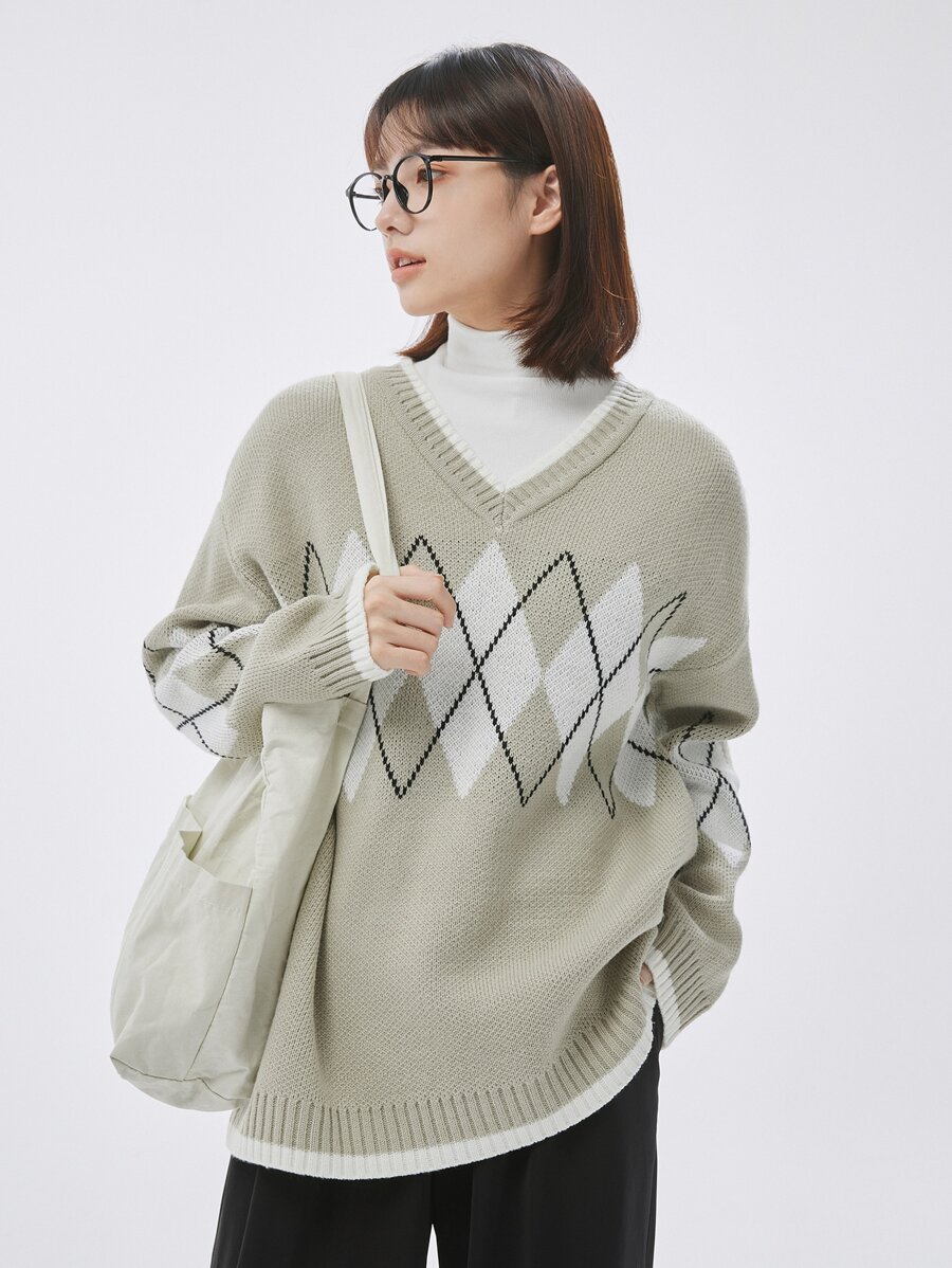 DAZY 1pc Argyle Pattern V-neck Drop Shoulder Jumper - Mint Green - View 1