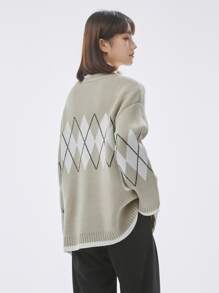 DAZY 1pc Argyle Pattern V-neck Drop Shoulder Jumper - Mint Green - View 2