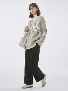 DAZY 1pc Argyle Pattern V-neck Drop Shoulder Jumper - Mint Green - View 3