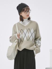 DAZY 1pc Argyle Pattern V-neck Drop Shoulder Jumper - Mint Green - View 4