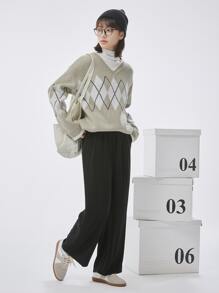 DAZY 1pc Argyle Pattern V-neck Drop Shoulder Jumper - Mint Green - View 5