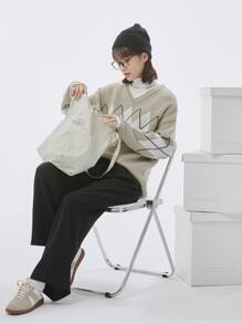 DAZY 1pc Argyle Pattern V-neck Drop Shoulder Jumper - Mint Green - View 7