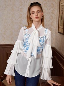 SHEIN MOD Áo hai dây Bất đối xứng Thắt nút Dây kéo Hoa Thanh lịch - Xanh và trắng - Xem 2