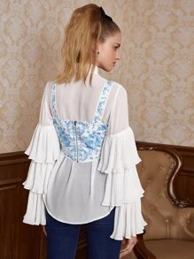 SHEIN MOD Áo hai dây Bất đối xứng Thắt nút Dây kéo Hoa Thanh lịch - Xanh và trắng - Xem 3