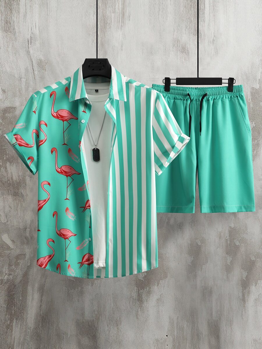 Manfinity RSRT Men Striped & Flamingo Print Shirt & Drawstring Waist Shorts Without Tee - Mint Green - View 1