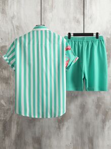 Manfinity RSRT Men Striped & Flamingo Print Shirt & Drawstring Waist Shorts Without Tee - Mint Green - View 2