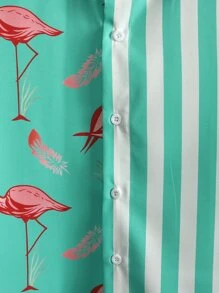 Manfinity RSRT Men Striped & Flamingo Print Shirt & Drawstring Waist Shorts Without Tee - Mint Green - View 3