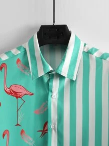 Manfinity RSRT Men Striped & Flamingo Print Shirt & Drawstring Waist Shorts Without Tee - Mint Green - View 4
