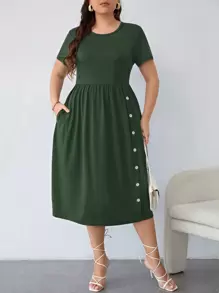 SHEIN LUNE Đầm Plus Size Nút Túi màu trơn Giải trí - màu xanh lá - Xem 1