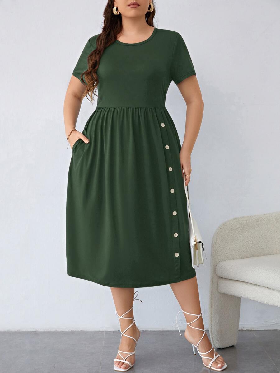 SHEIN LUNE Đầm Plus Size Nút Túi màu trơn Giải trí - màu xanh lá - Xem 1