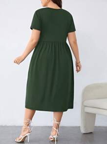 SHEIN LUNE Đầm Plus Size Nút Túi màu trơn Giải trí - màu xanh lá - Xem 2