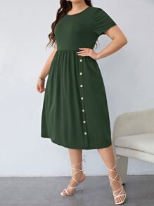 SHEIN LUNE Đầm Plus Size Nút Túi màu trơn Giải trí - màu xanh lá - Xem 3