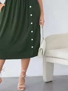 SHEIN LUNE Đầm Plus Size Nút Túi màu trơn Giải trí - màu xanh lá - Xem 4