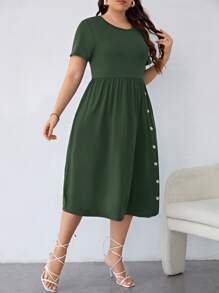 SHEIN LUNE Đầm Plus Size Nút Túi màu trơn Giải trí - màu xanh lá - Xem 5