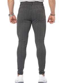 Men Striped Print Skinny Trousers - Dark Grey - View 3