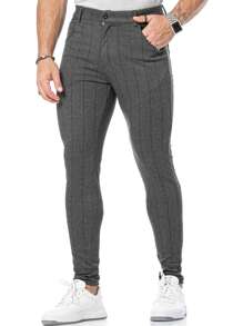 Men Striped Print Skinny Trousers - Dark Grey - View 1