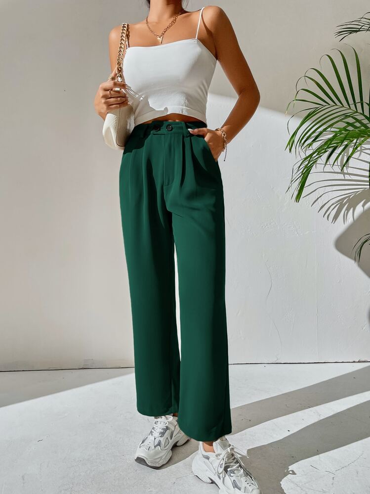 SHEIN PETITE Pantalones de talle alto con fruncido - Verde Oscuro - Añade 1