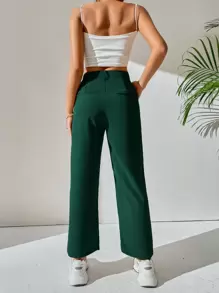SHEIN PETITE High Waist Plicated Detail Trousers - Dark Green - View 2