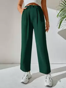 SHEIN PETITE High Waist Plicated Detail Trousers - Dark Green - View 3