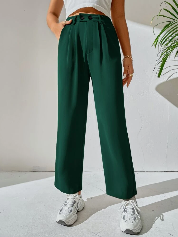 SHEIN PETITE Pantalones de talle alto con fruncido - Verde Oscuro - Añade 3