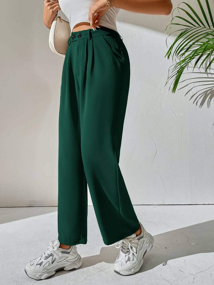 SHEIN PETITE Pantalones de talle alto con fruncido - Verde Oscuro - Añade 4
