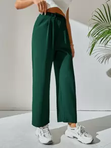 SHEIN PETITE High Waist Plicated Detail Trousers - Dark Green - View 5
