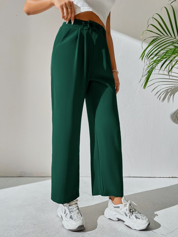 SHEIN PETITE Pantalones de talle alto con fruncido - Verde Oscuro - Añade 5