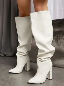 SHUZIA Knee High Pointy Toe Block Heel Boots - White - View 2