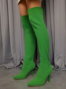 Pull On High Heeled Sock Boots - Green - View 4