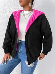 Calvaya Plus Teddy Lined Slant Pocket Hooded Jacket - Black - View 1