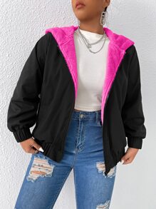 Calvaya Plus Teddy Lined Slant Pocket Hooded Jacket - Black - View 3