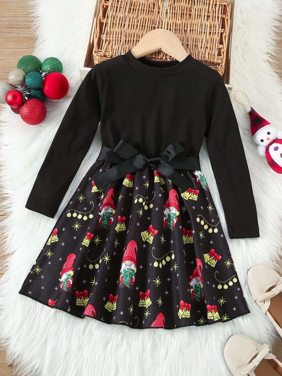 小女童聖誕圖案繫腰帶洋裝