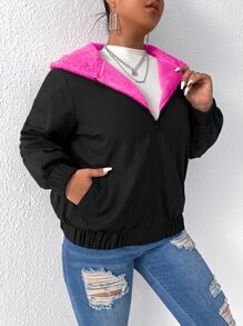 Calvaya Plus Teddy Lined Slant Pocket Hooded Jacket - Black - View 4