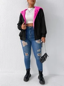 Calvaya Plus Teddy Lined Slant Pocket Hooded Jacket - Black - View 5