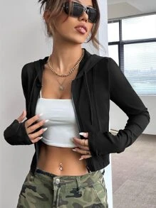 SHEIN EZwear Ribbed Knit Zip Up Drawstring Hooded Crop Jacket In Fall/Winter - Black - View 3