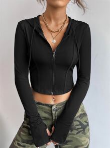 SHEIN EZwear Ribbed Knit Zip Up Drawstring Hooded Crop Jacket In Fall/Winter - Black - View 6