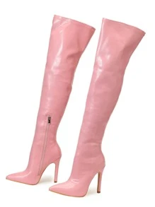Zipper Side Point Toe Stiletto Heeled Sock Boots, Sexy Pink Crocodile Pattern Elastic Boots Fashion Boots - Pink - View 2