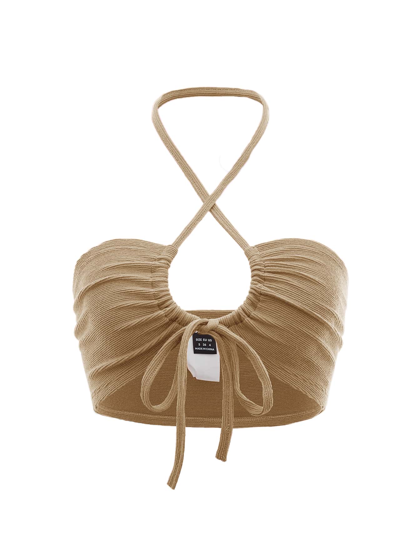 SHEIN ICON 多巴胺穿衣法露背十字交叉前繫帶繞頸短上衣 - 卡其色 - 查看 1