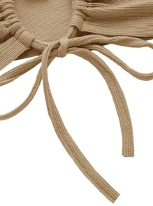 SHEIN ICON 多巴胺穿衣法露背十字交叉前繫帶繞頸短上衣 - 卡其色 - 查看 4