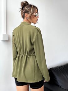 Lapel Neck Drawstring Waist Coat - Army Green - View 2