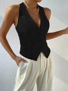 BizChic Solid Button Front Waistcoat Workwear - Black - View 6