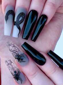 ROMWE 24pcs Long Coffin Animal Pattern Fake Nail & 1sheet Tape