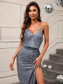 Sequins Overlay Split Thigh Cami Dress