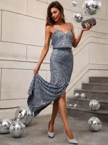 Sequins Overlay Split Thigh Cami Dress