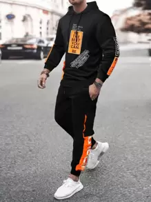 Manfinity LEGND Men Slogan Graphic Kangaroo Pocket Drawstring Hoodie & Joggers - Black - View 1